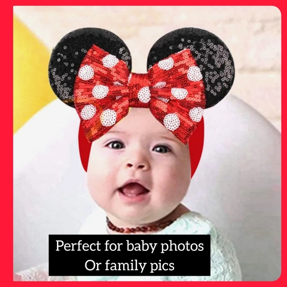 handmade baby head wrap headband sequin Minnie Mouse Disney themed ears w bow - Picture 2 of 8
